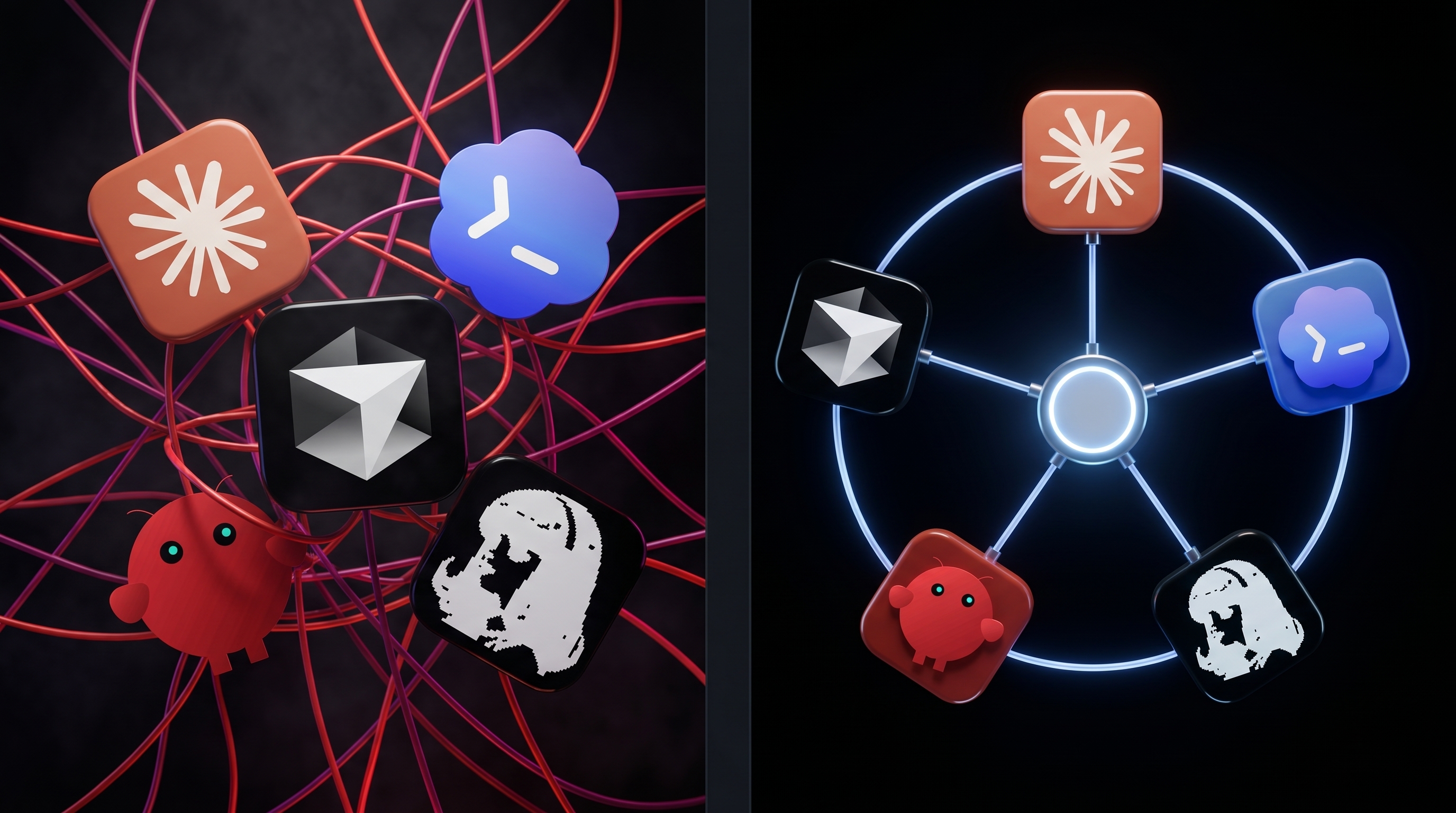 Split illustration: on the left the Claude, Codex, Cursor, OpenClaw and Hermes app logos are wired together in a chaotic tangle of red cables; on the right the same logos sit in a clean ring, each connected by a single neat filament to one glowing central hub, contrasting the old per-tool integrations with one MCP connection