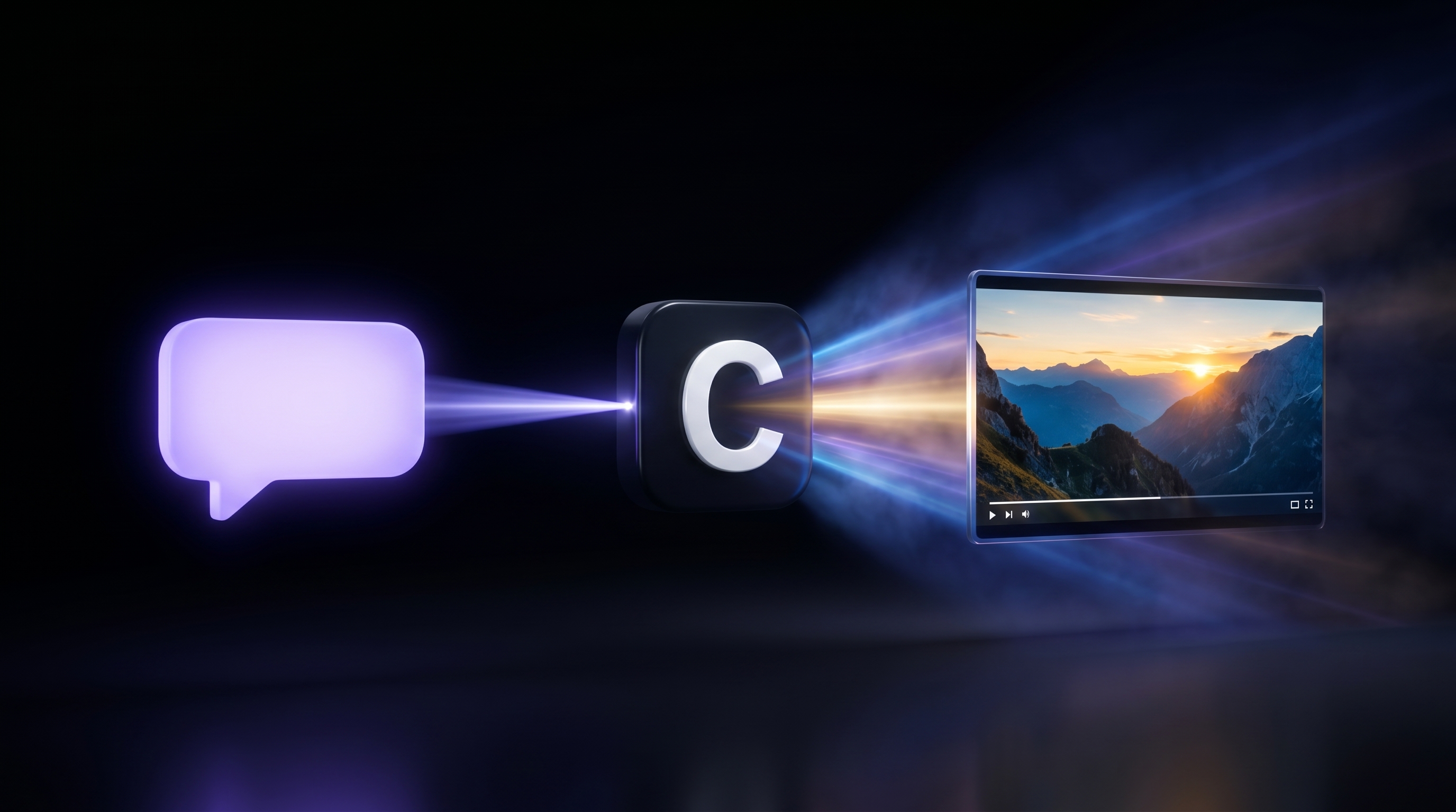 A glowing chat-message bubble beams light into the Compledio C logo tile in the center, which projects a sleek video player panel showing a finished cinematic mountain-sunrise scene, illustrating one request turning into a finished video, deep dark background with electric blue and violet light