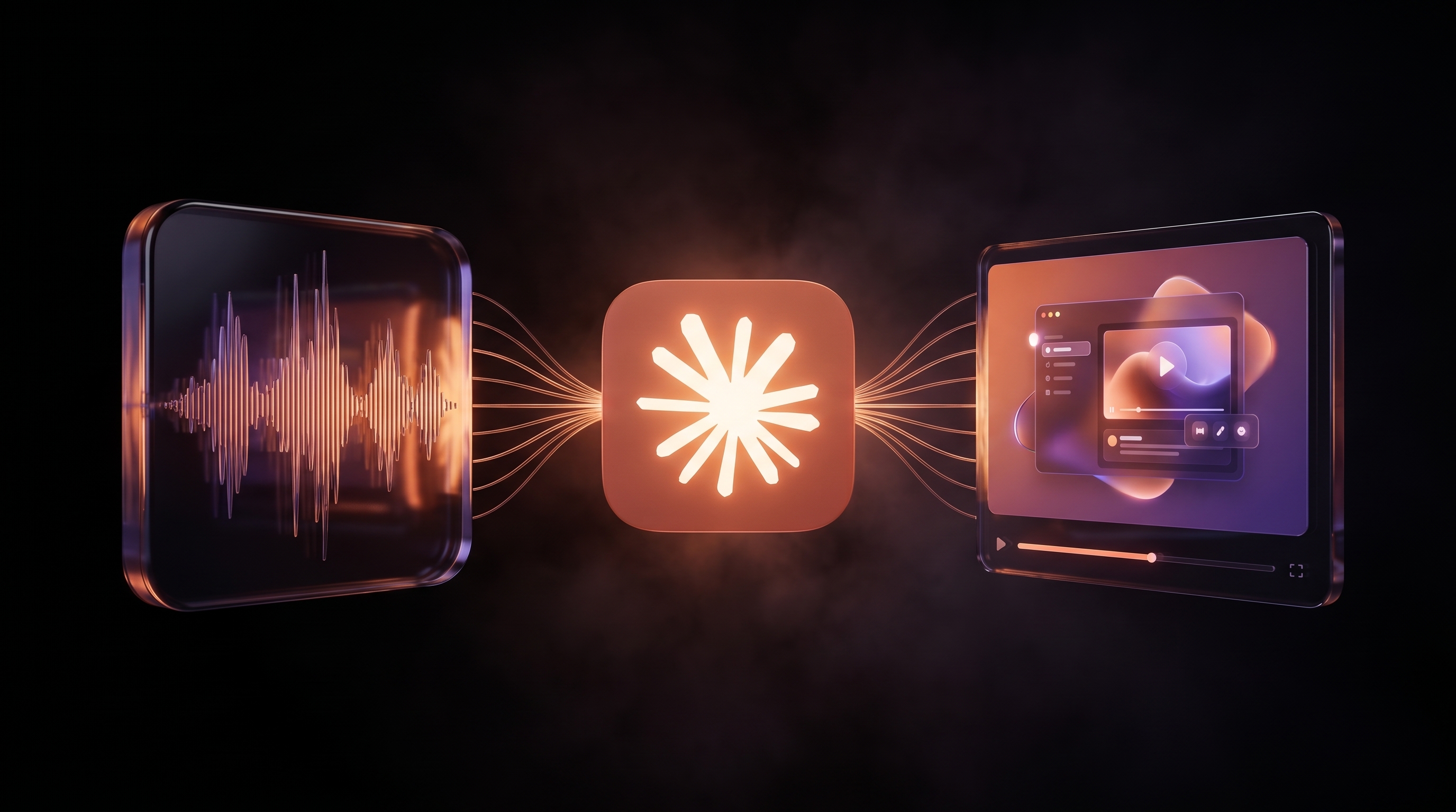 A left-to-right flow: a glowing audio-waveform tile, then the Claude starburst logo glowing as the engine in the center, then a sleek video player panel showing a finished video, connected by warm light filaments on a deep dark background, illustrating Claude Code turning audio into a finished video