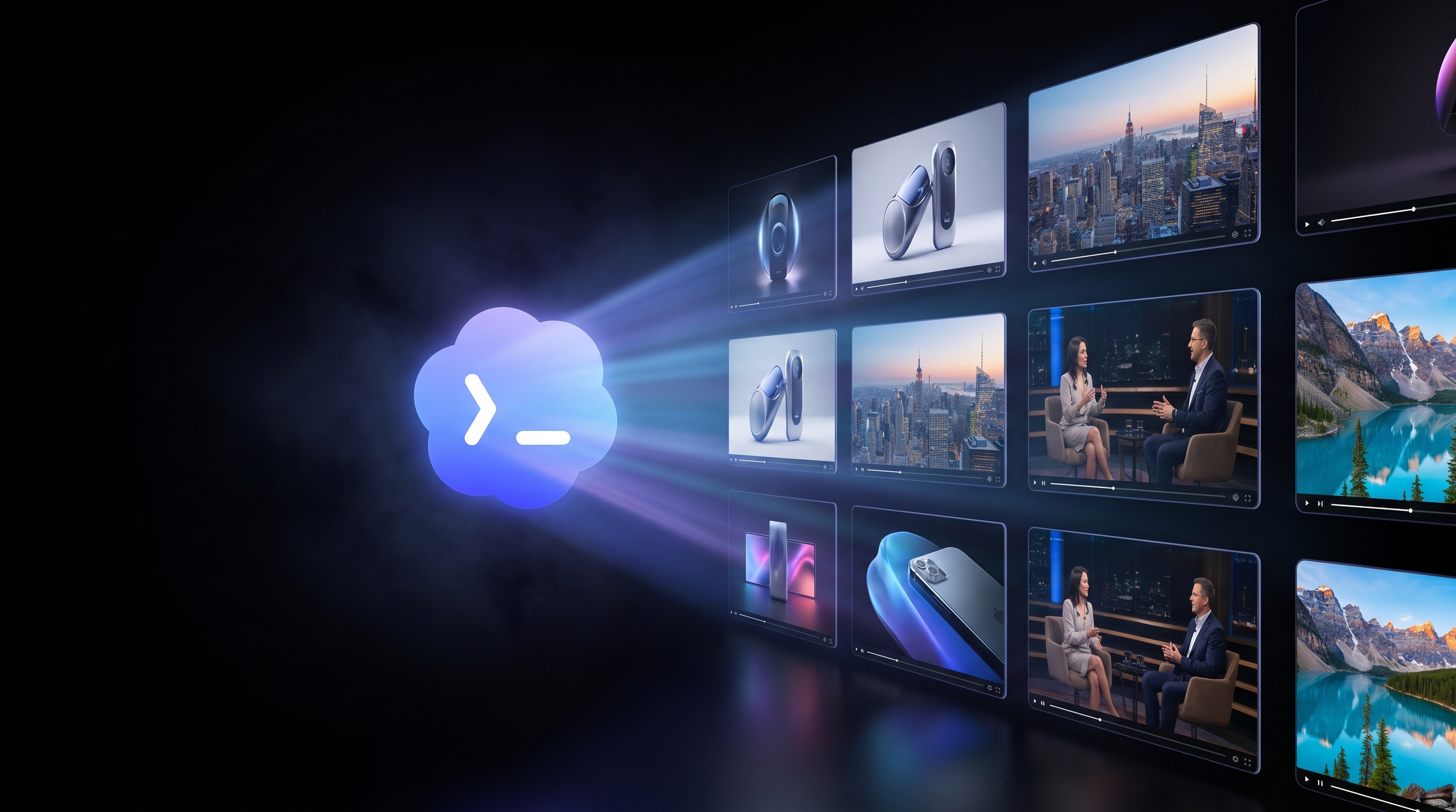 The blue Codex cloud logo on the left projects a beam that fans out into a neat grid of finished video player panels on the right, each showing a different scene (product shots, a city skyline, an interview, a nature shot), illustrating Codex producing video in batches on a deep dark background