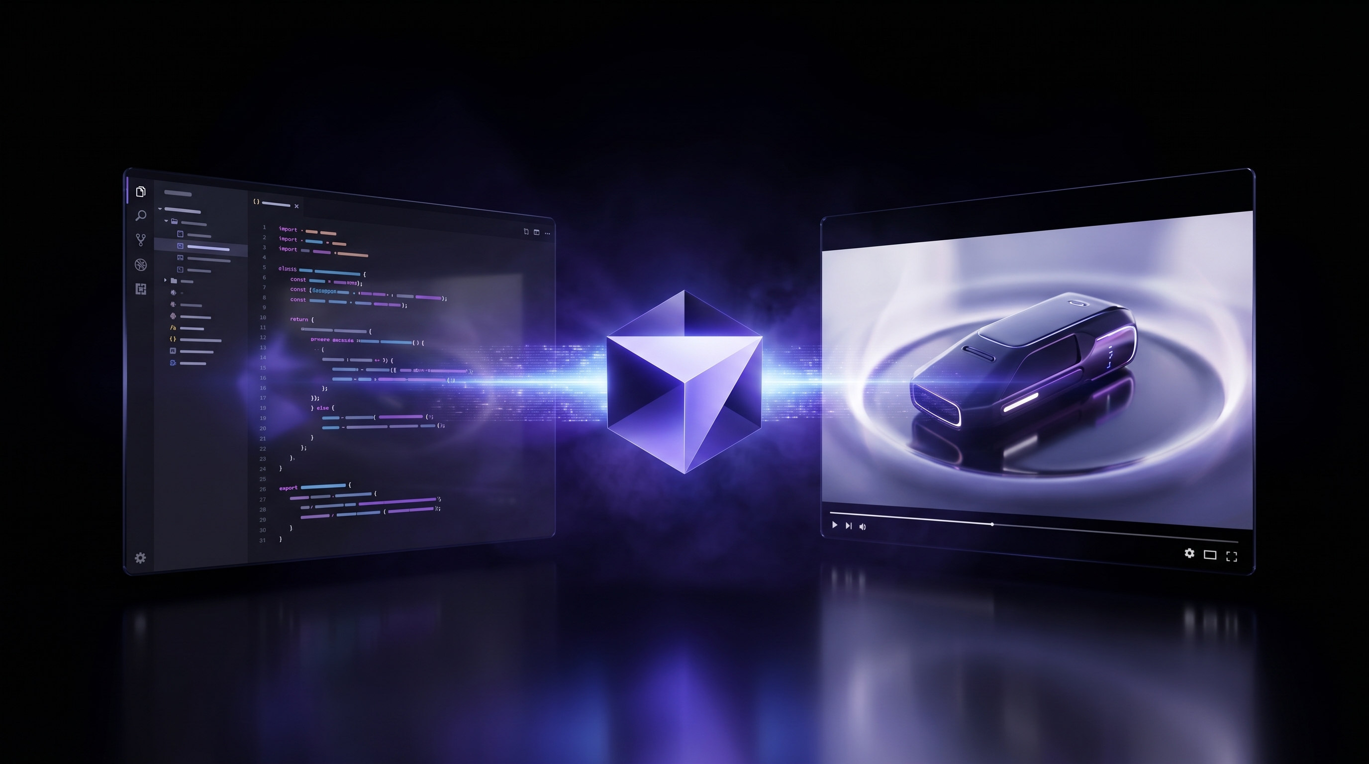 A sleek dark code editor panel on the left, the monochrome Cursor cube logo glowing in the center, and a video player panel on the right showing a finished product-launch scene, connected by a beam of indigo light on a deep dark background, illustrating Cursor turning a build into a launch video