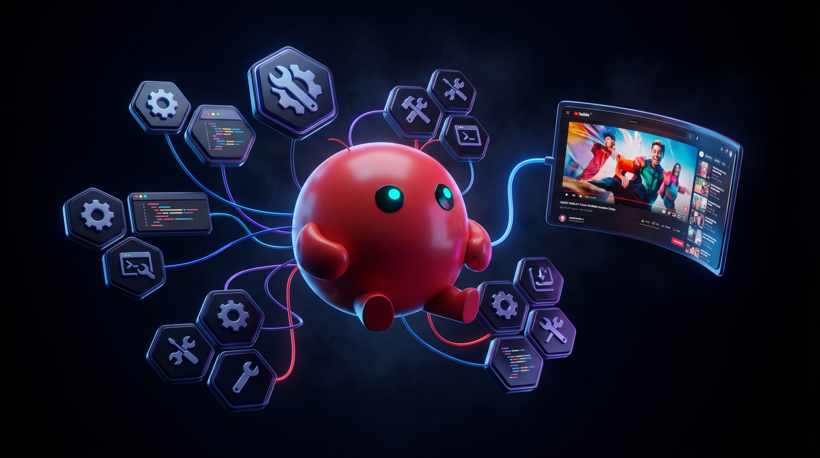 The red OpenClaw mascot at the center of a constellation of connected tool tiles linked by glowing filaments, with one filament leading to a YouTube-style video player showing a finished creator video, on a deep dark background, illustrating OpenClaw chaining tools to produce video