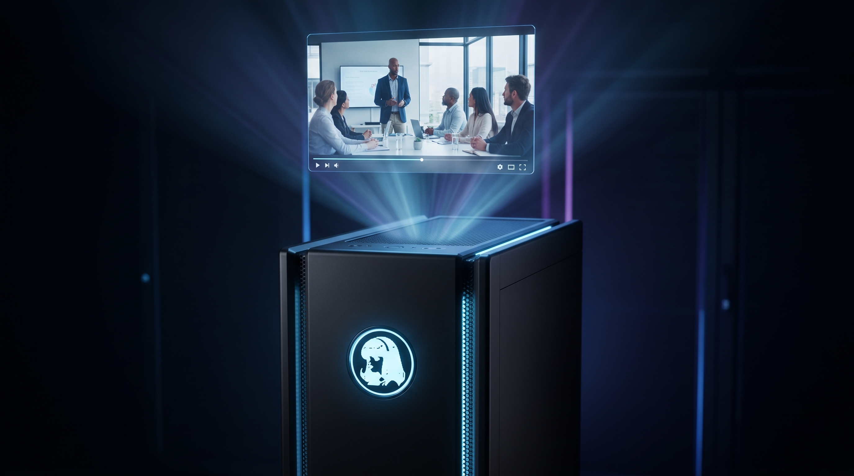 A matte-black self-hosted server tower with the Hermes portrait emblem glowing on its front, projecting a video player panel above it showing a finished corporate training scene, in a dark private server room with cool blue light, illustrating a self-hosted Hermes agent producing video