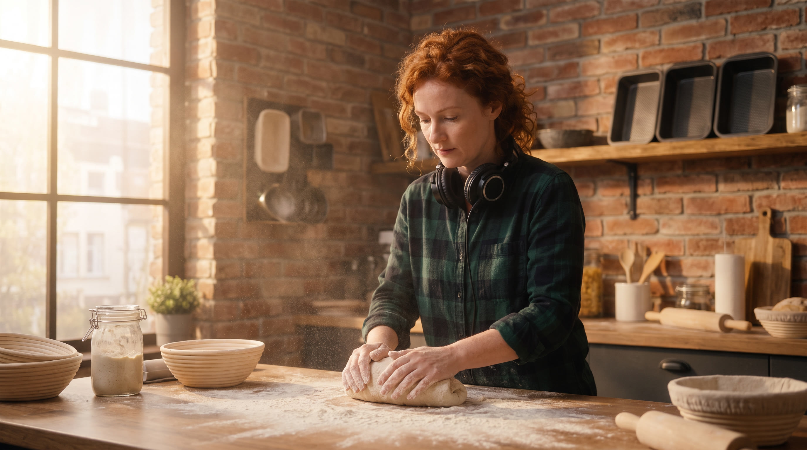 B-roll scene generated with the speaker frame as reference: the same podcast host kneading dough in a rustic kitchen, headphones still around her neck