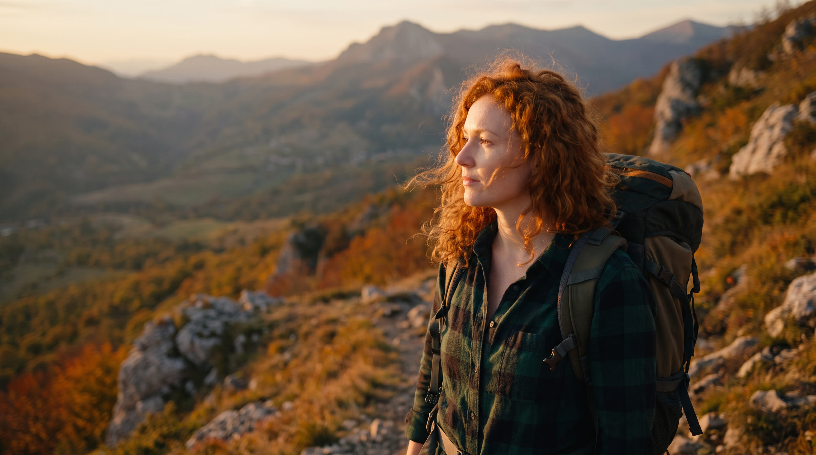 B-roll scene generated with the speaker frame as reference: the podcast host on a mountain trail at golden hour, same face and flannel shirt as the recording