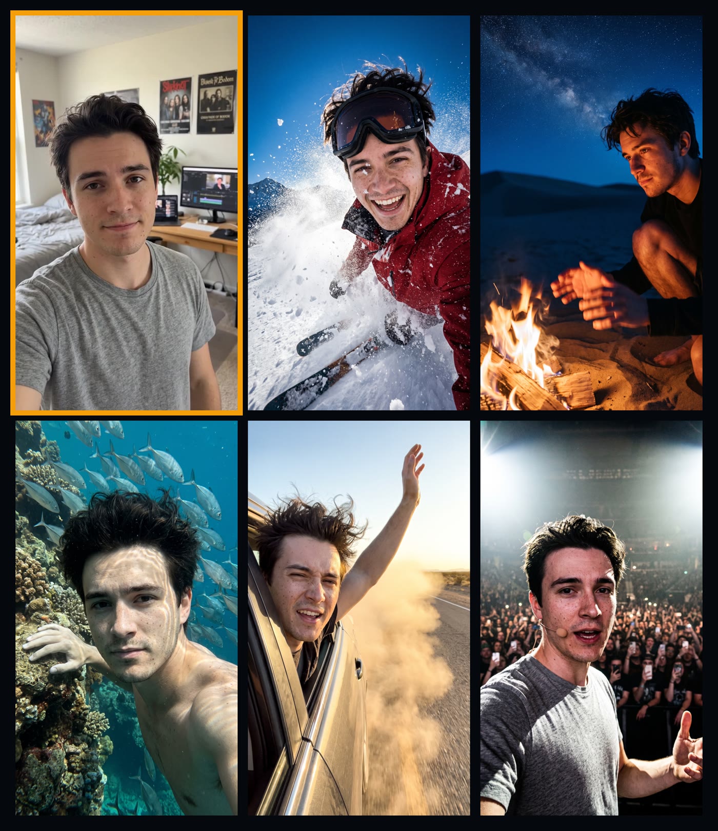 Six vertical frames. The first, outlined in amber, is a plain selfie of a man in a bedroom, used as the character reference. The remaining five are generated B-roll scenes of the same man: skiing through powder, sitting by a campfire under the milky way, underwater on a reef, leaning out of a car window on a dusty road, and on stage in front of a lit crowd. The face is recognisably the same person in every one