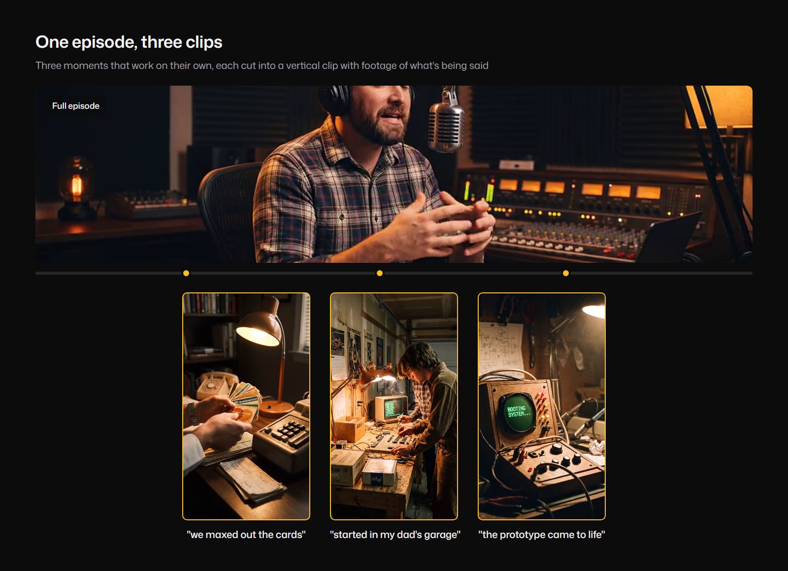 One full episode with three moments marked on its progress bar, and below it the three vertical clips cut from those moments, each showing generated footage of what was said: worn credit cards for "we maxed out the cards", a garage workbench for "started in my dad's garage", and a homemade computer booting for "the prototype came to life"