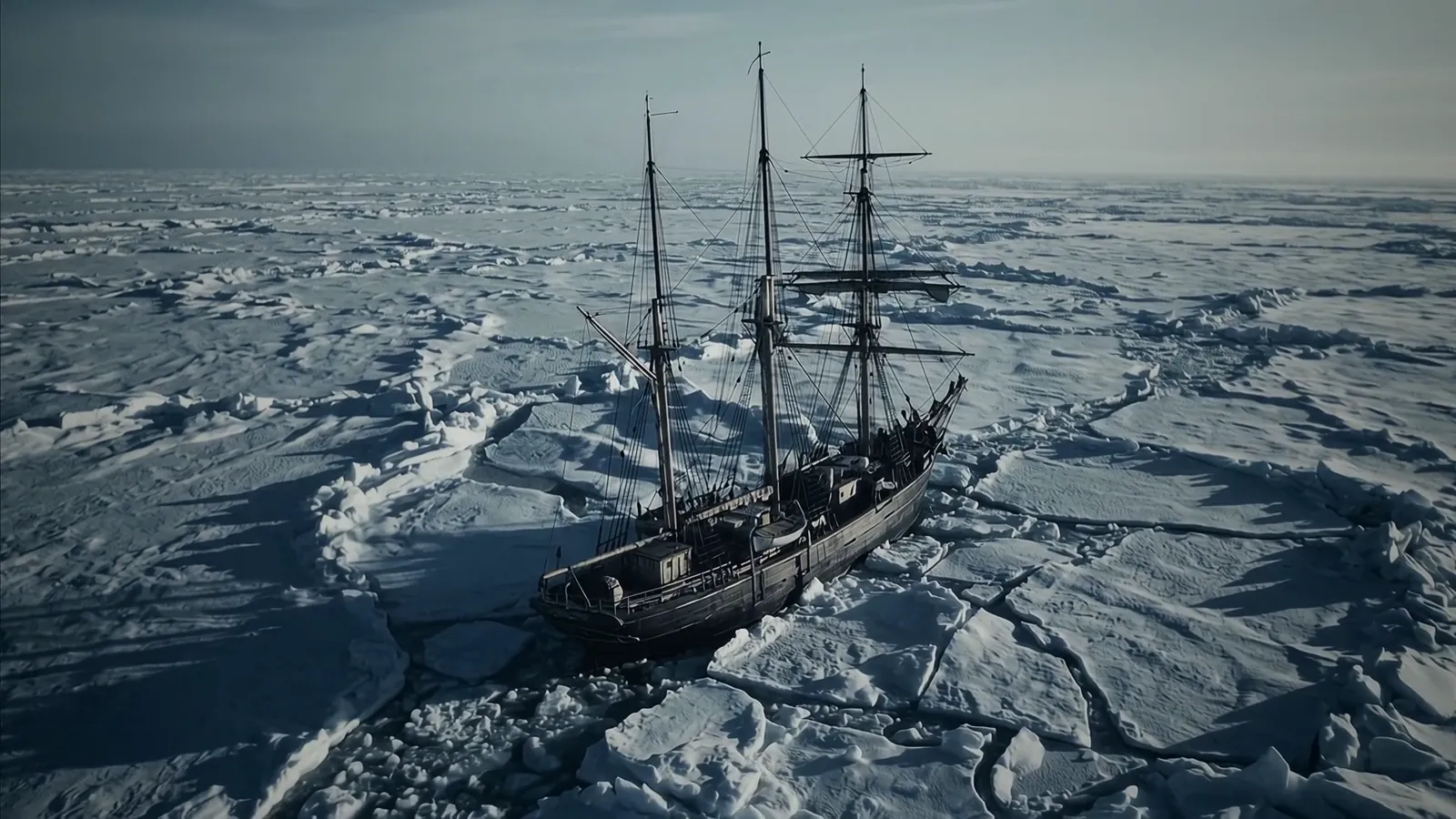 A generated shot from the sample film: a ship frozen in pack ice, seen from above