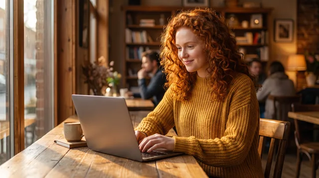 The same character working on a laptop in a cafe