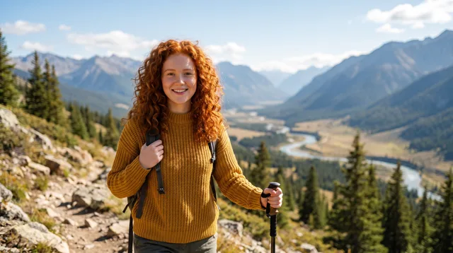 The same character hiking a mountain trail