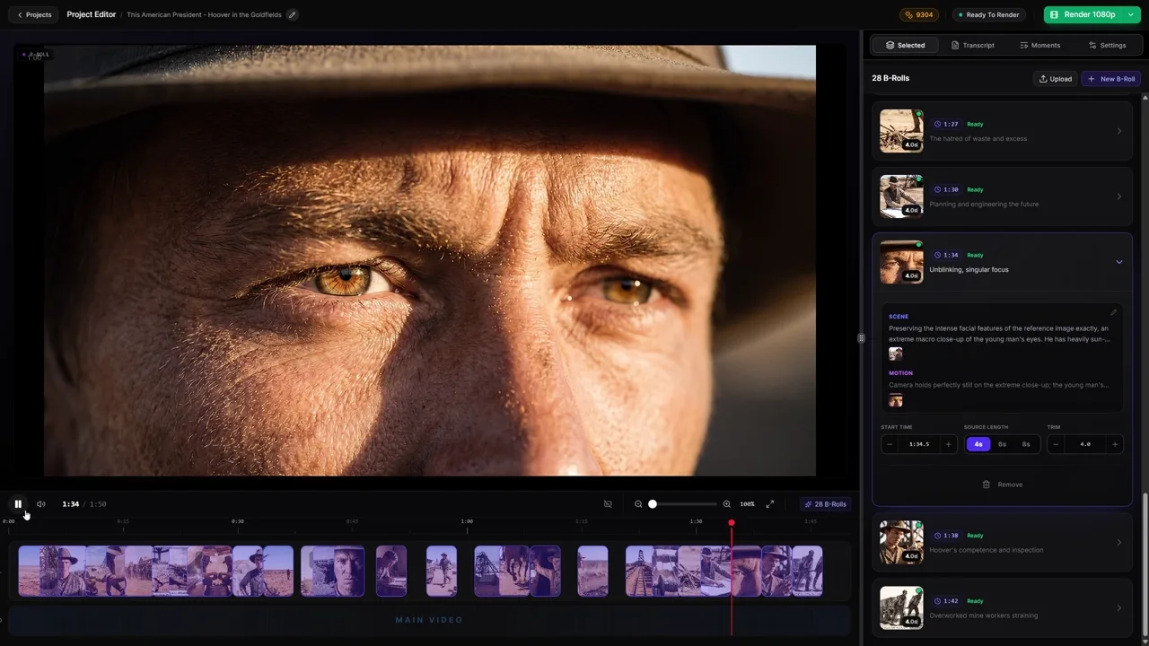 The Compledio Studio editor: timeline with generated B-roll clips placed on a real project